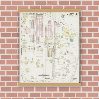 Old map wall art mockup — magnetic wood frame on brick wall — Sanborn Fire Insurance Map from Chelsea, Suffolk County, Massachusetts (1889), Sheet #0004