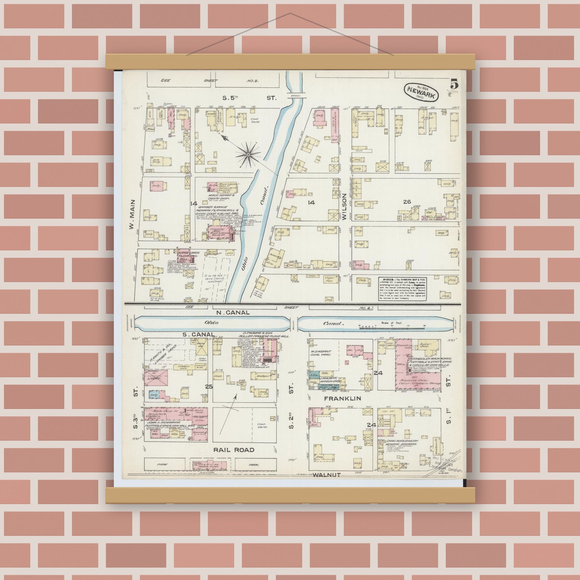 Old map wall art mockup — magnetic wood frame on brick wall — Sanborn Fire Insurance Map from Newark, Licking County, Ohio (1884), Sheet #0005