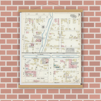Old map wall art mockup — magnetic wood frame on brick wall — Sanborn Fire Insurance Map from Newark, Licking County, Ohio (1884), Sheet #0005