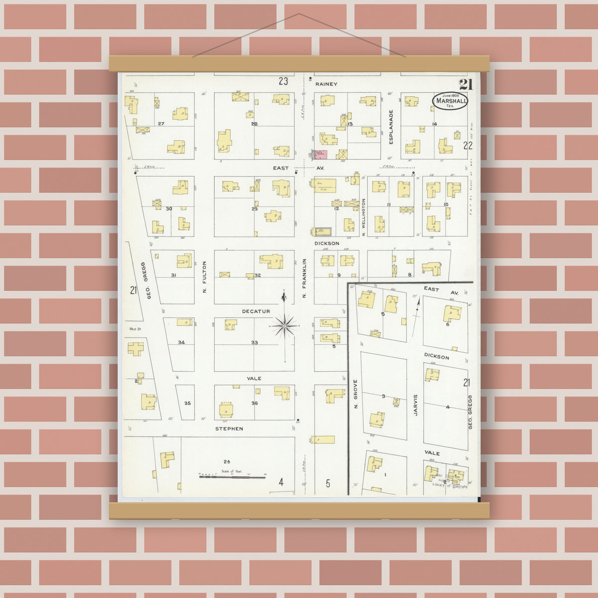 Old map wall art mockup — magnetic wood frame on brick wall — Sanborn Fire Insurance Map from Marshall, Harrison County, Texas (1909), Sheet #0021