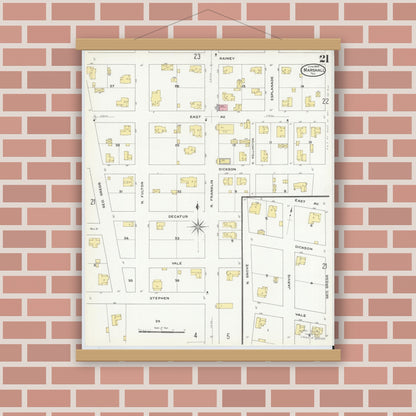 Old map wall art mockup — magnetic wood frame on brick wall — Sanborn Fire Insurance Map from Marshall, Harrison County, Texas (1909), Sheet #0021