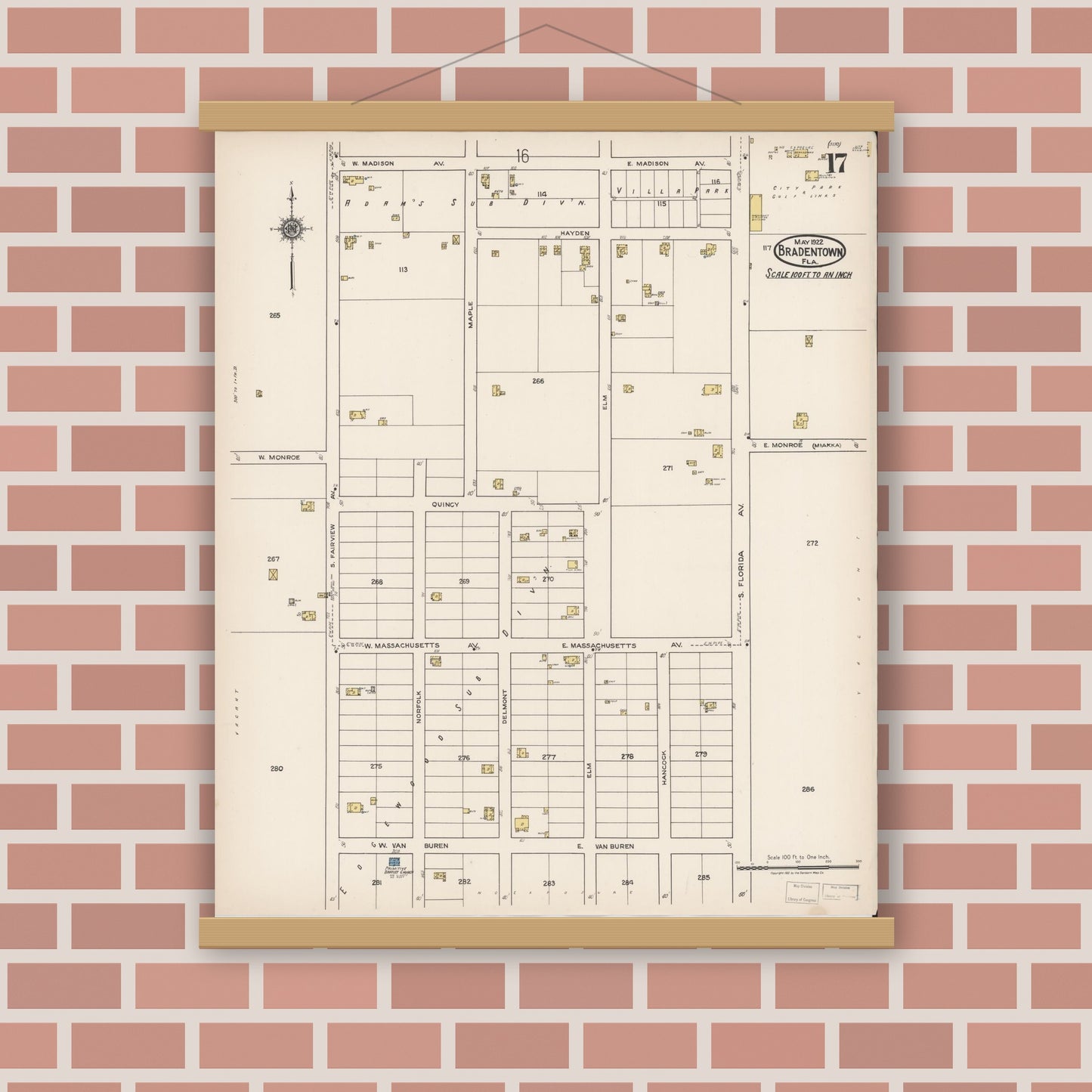 Old map wall art mockup — magnetic wood frame on brick wall — Sanborn Fire Insurance Map from Bradentown, Manatee County, Florida (1922), Sheet #0017