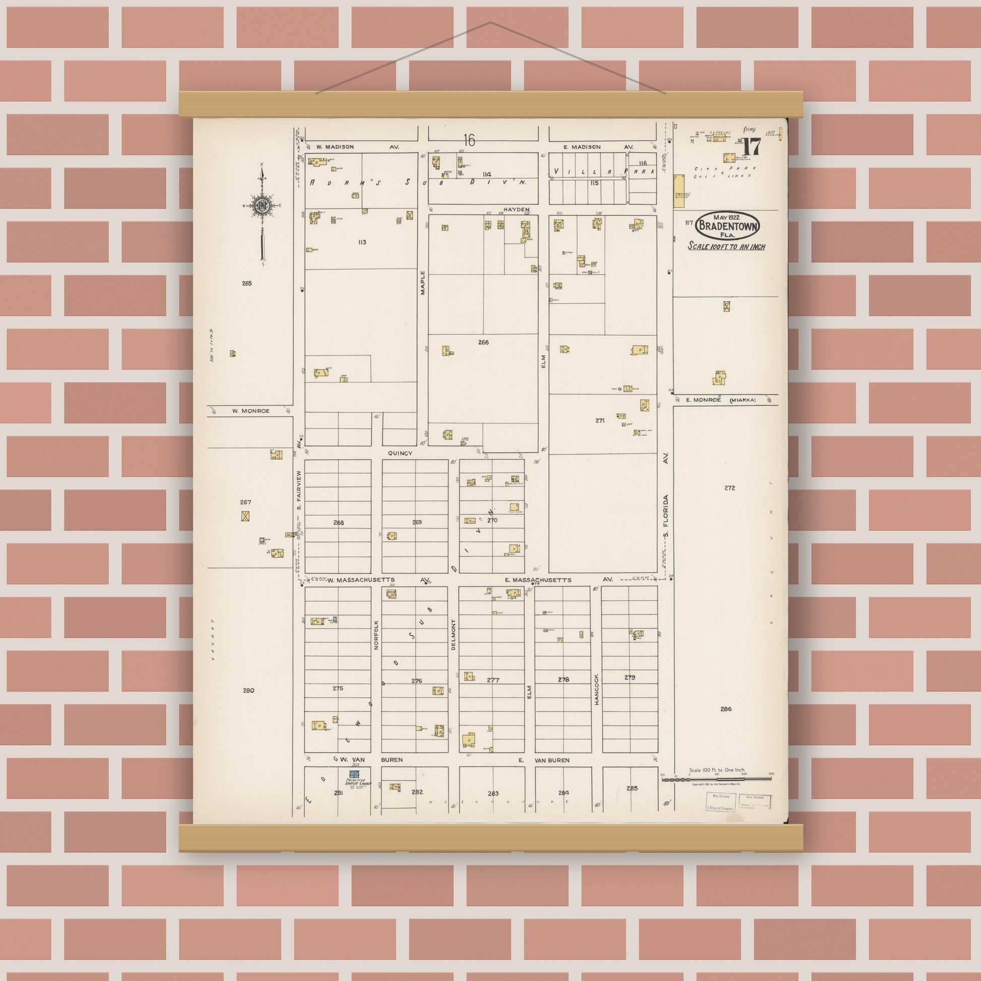 Old map wall art mockup — magnetic wood frame on brick wall — Sanborn Fire Insurance Map from Bradentown, Manatee County, Florida (1922), Sheet #0017