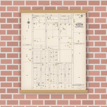 Old map wall art mockup — magnetic wood frame on brick wall — Sanborn Fire Insurance Map from Bradentown, Manatee County, Florida (1922), Sheet #0017