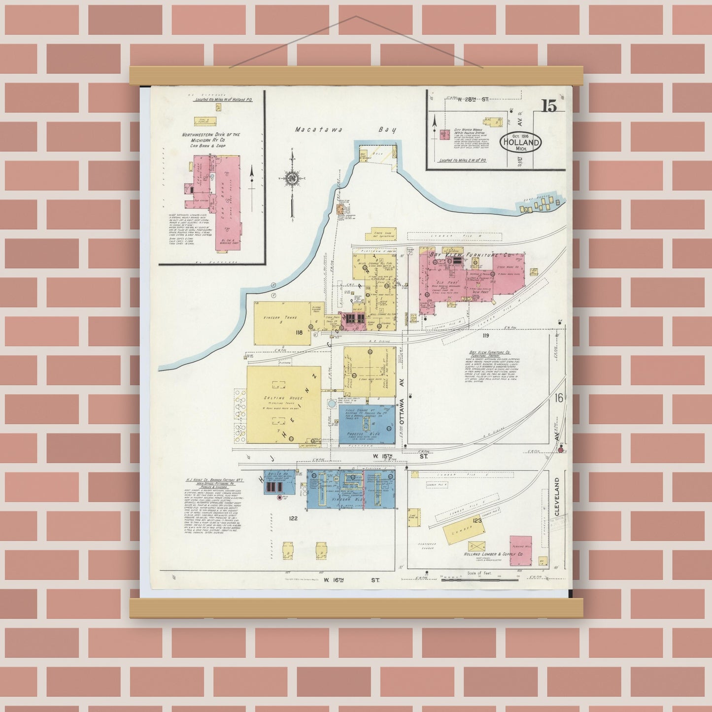 Old map wall art mockup — magnetic wood frame on brick wall — Sanborn Fire Insurance Map from Holland, Ottawa County, Michigan (1916), Sheet #0015