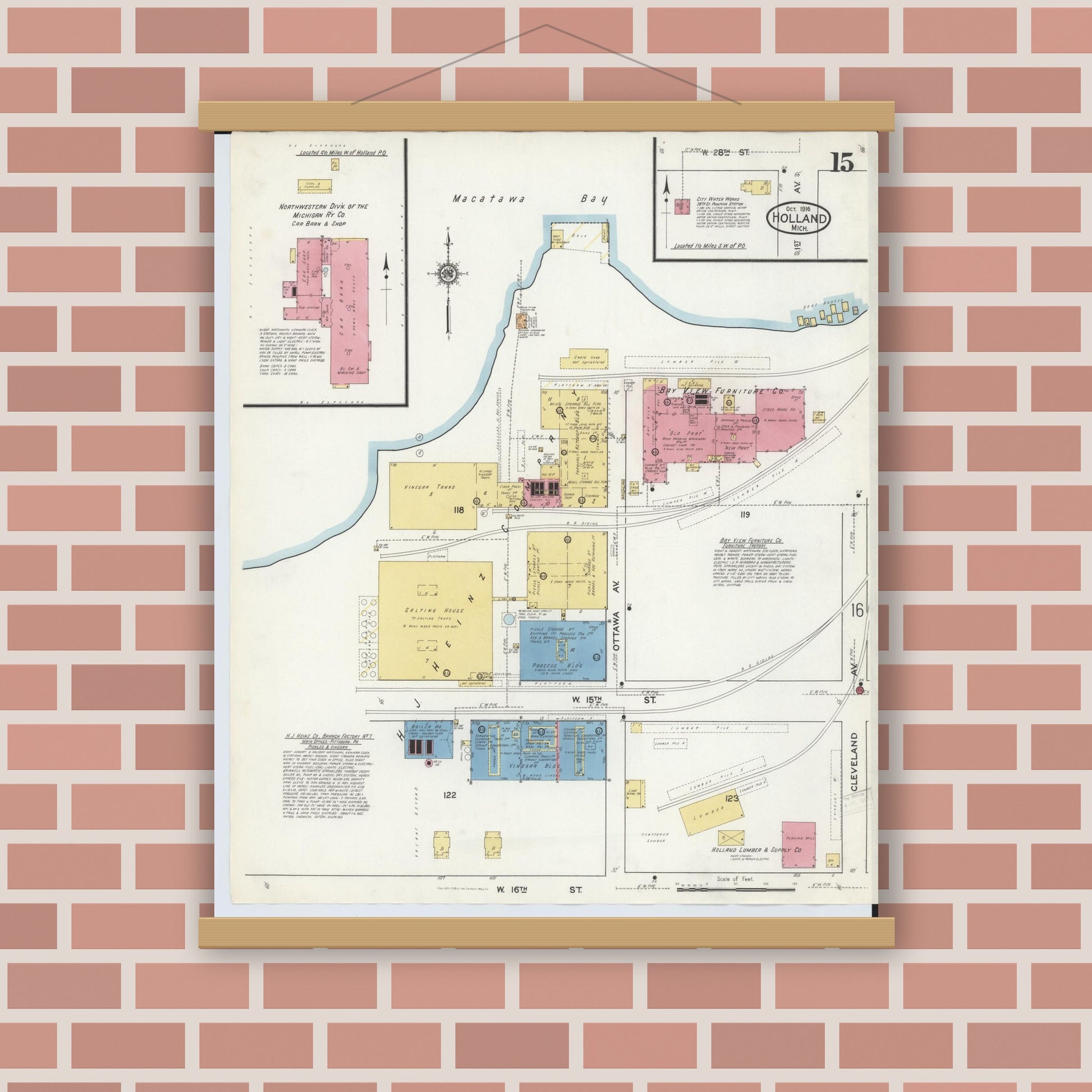 Old map wall art mockup — magnetic wood frame on brick wall — Sanborn Fire Insurance Map from Holland, Ottawa County, Michigan (1916), Sheet #0015