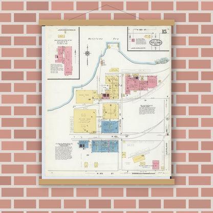 Old map wall art mockup — magnetic wood frame on brick wall — Sanborn Fire Insurance Map from Holland, Ottawa County, Michigan (1916), Sheet #0015