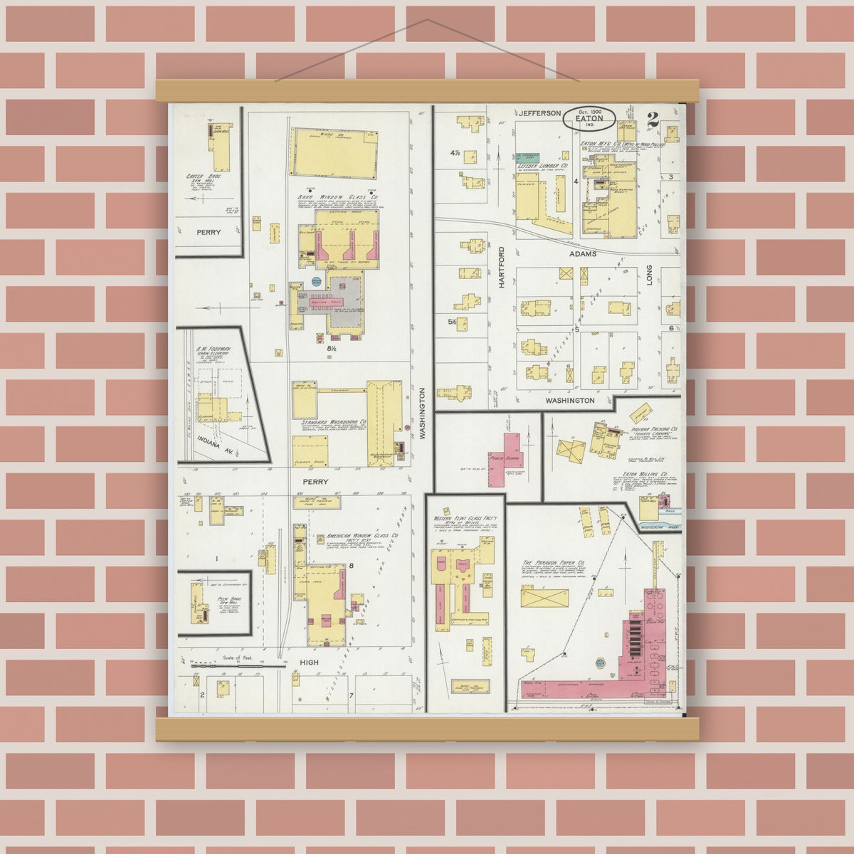 Old map wall art mockup — magnetic wood frame on brick wall — Sanborn Fire Insurance Map from Eaton, Delaware County, Indiana (1900), Sheet #0002