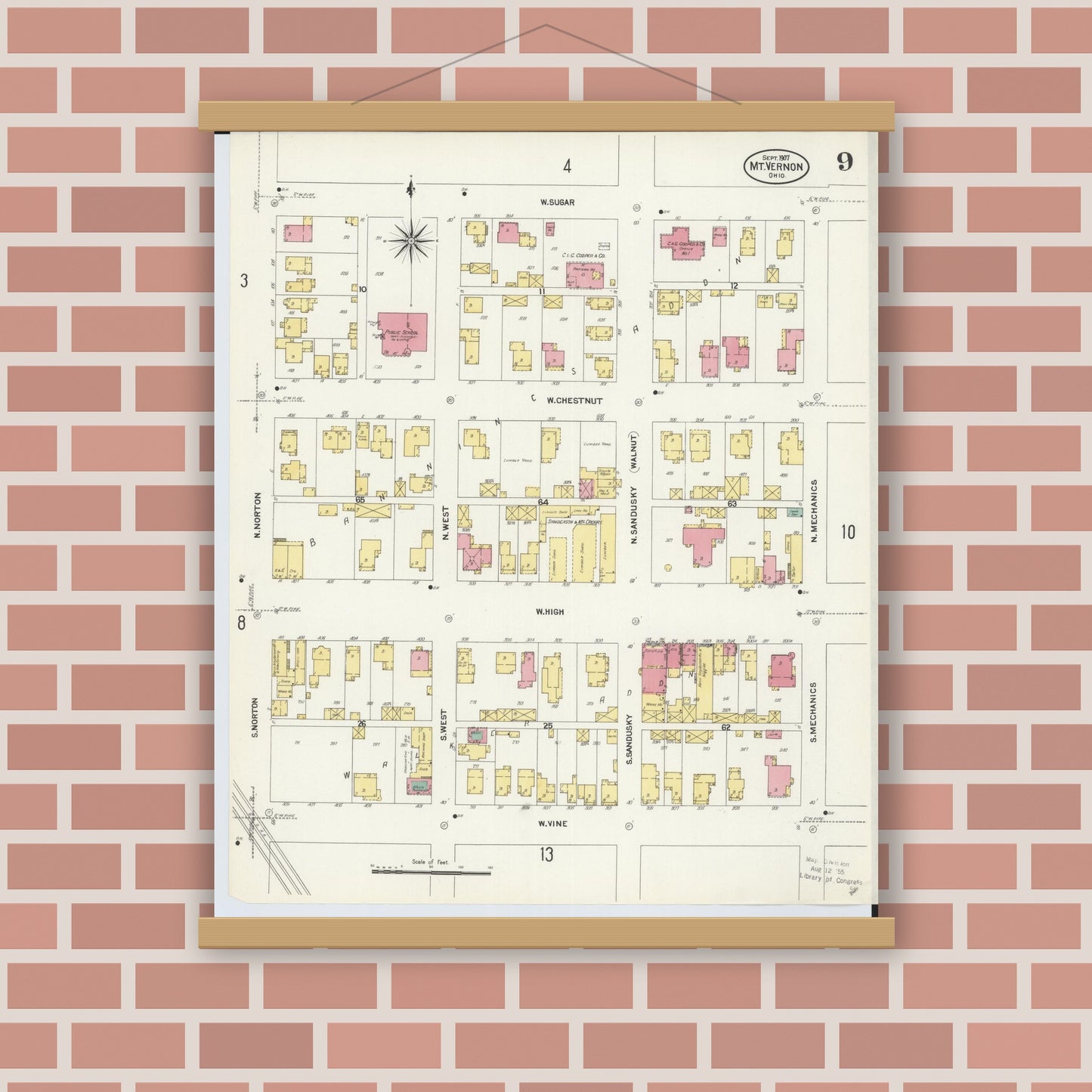 Old map wall art mockup — magnetic wood frame on brick wall — Sanborn Fire Insurance Map from Mount Vernon, Knox County, Ohio (1907), Sheet #0009