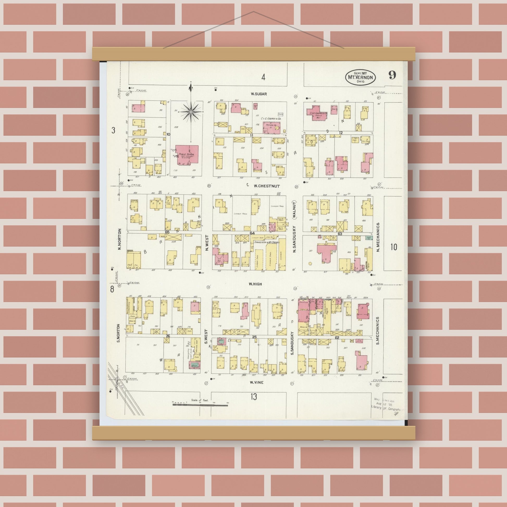 Old map wall art mockup — magnetic wood frame on brick wall — Sanborn Fire Insurance Map from Mount Vernon, Knox County, Ohio (1907), Sheet #0009
