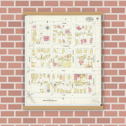 Old map wall art mockup — magnetic wood frame on brick wall — Sanborn Fire Insurance Map from Mount Vernon, Knox County, Ohio (1907), Sheet #0009