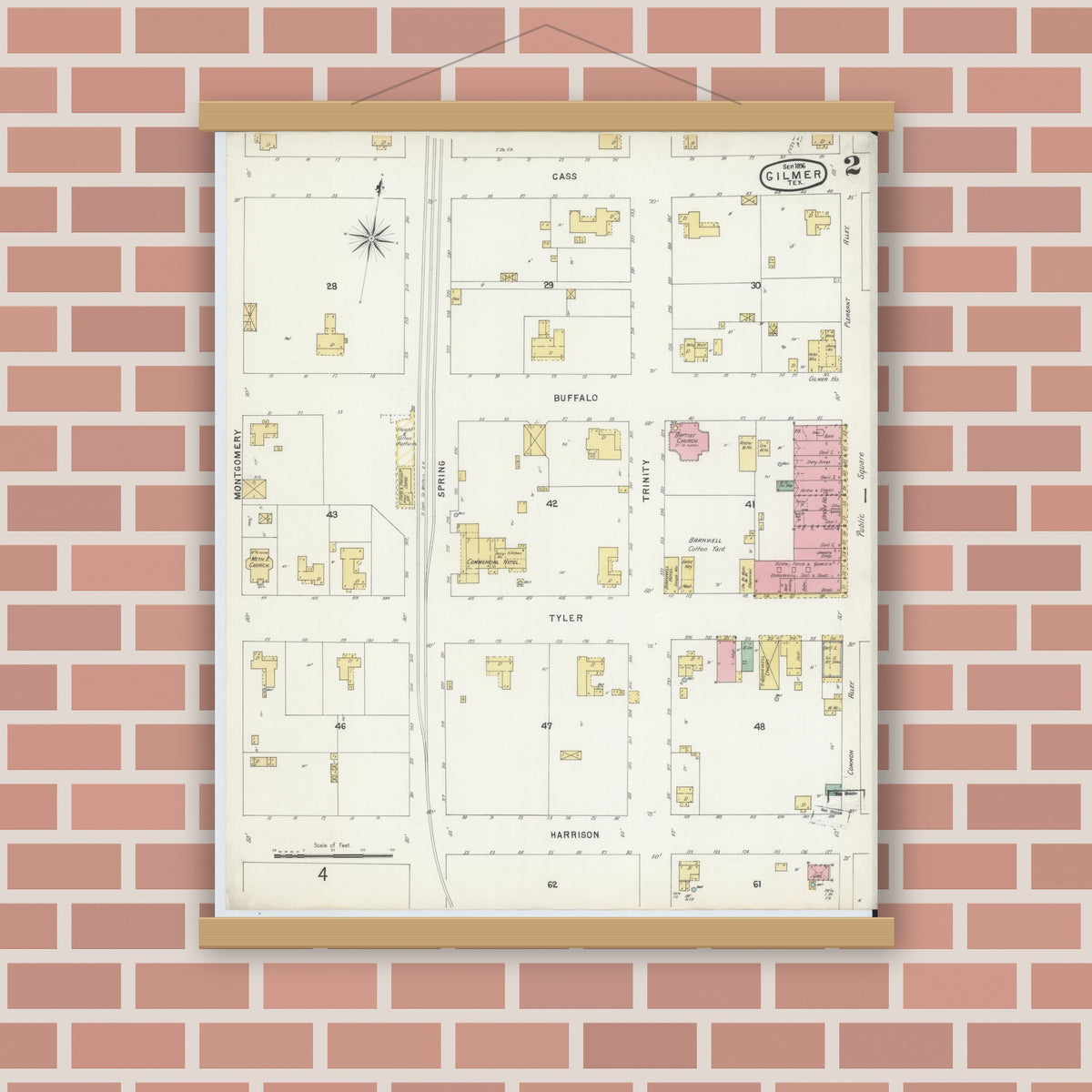 Old map wall art mockup — magnetic wood frame on brick wall — Sanborn Fire Insurance Map from Gilmer, Upshur County, Texas (1896), Sheet #0002
