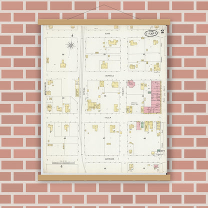 Old map wall art mockup — magnetic wood frame on brick wall — Sanborn Fire Insurance Map from Gilmer, Upshur County, Texas (1896), Sheet #0002