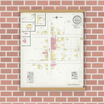 Old map wall art mockup — magnetic wood frame on brick wall — Sanborn Fire Insurance Map from Industry, Mcdonough County, Illinois (1914), Sheet #0001