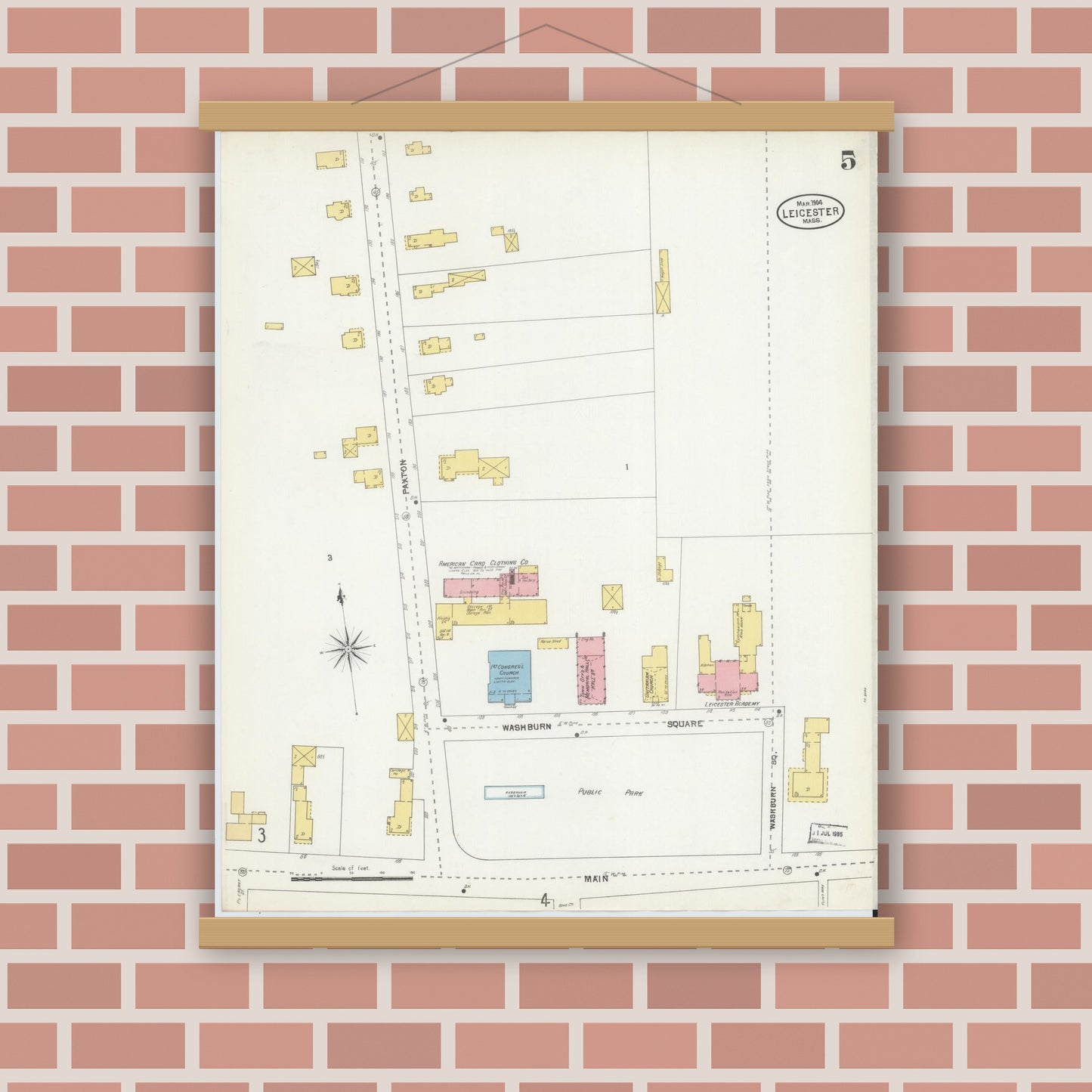 Old map wall art mockup — magnetic wood frame on brick wall — Sanborn Fire Insurance Map from Leicester, Worcester County, Massachusetts (1904), Sheet #0005