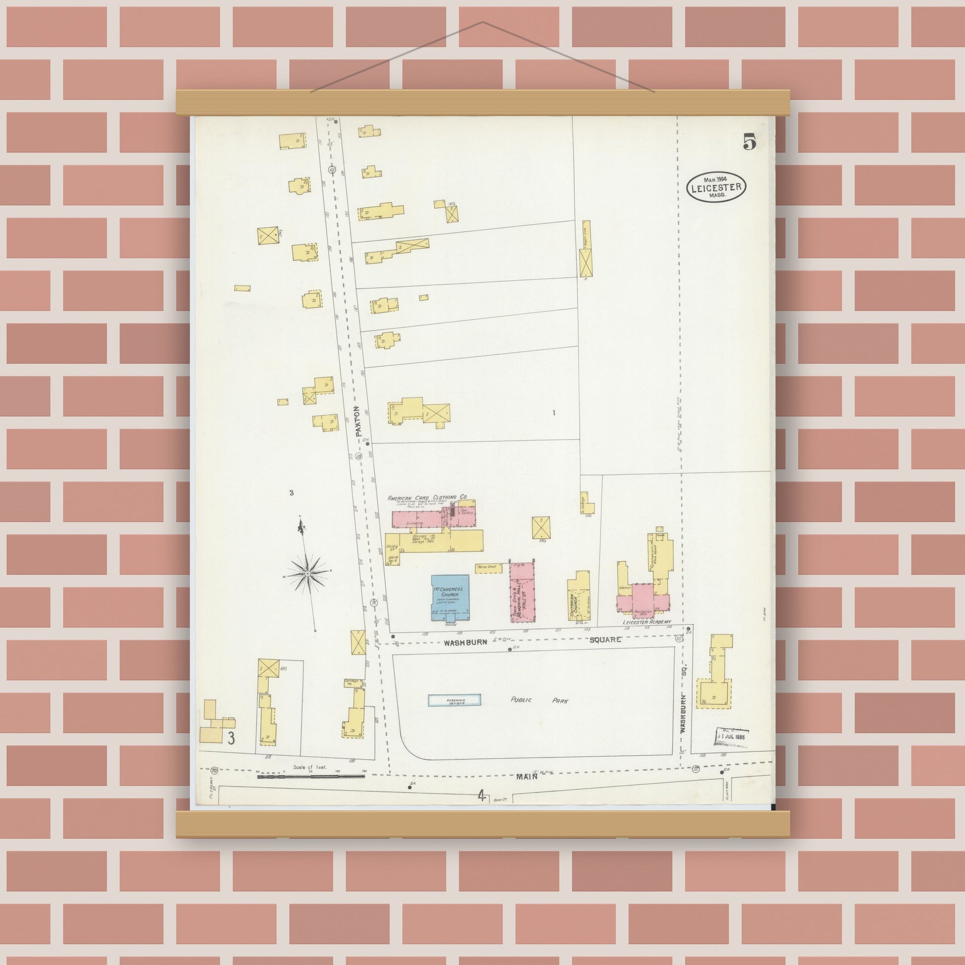 Old map wall art mockup — magnetic wood frame on brick wall — Sanborn Fire Insurance Map from Leicester, Worcester County, Massachusetts (1904), Sheet #0005