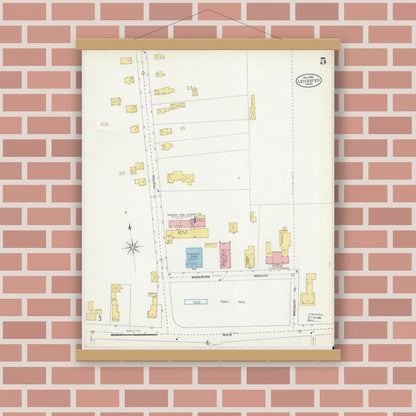 Old map wall art mockup — magnetic wood frame on brick wall — Sanborn Fire Insurance Map from Leicester, Worcester County, Massachusetts (1904), Sheet #0005