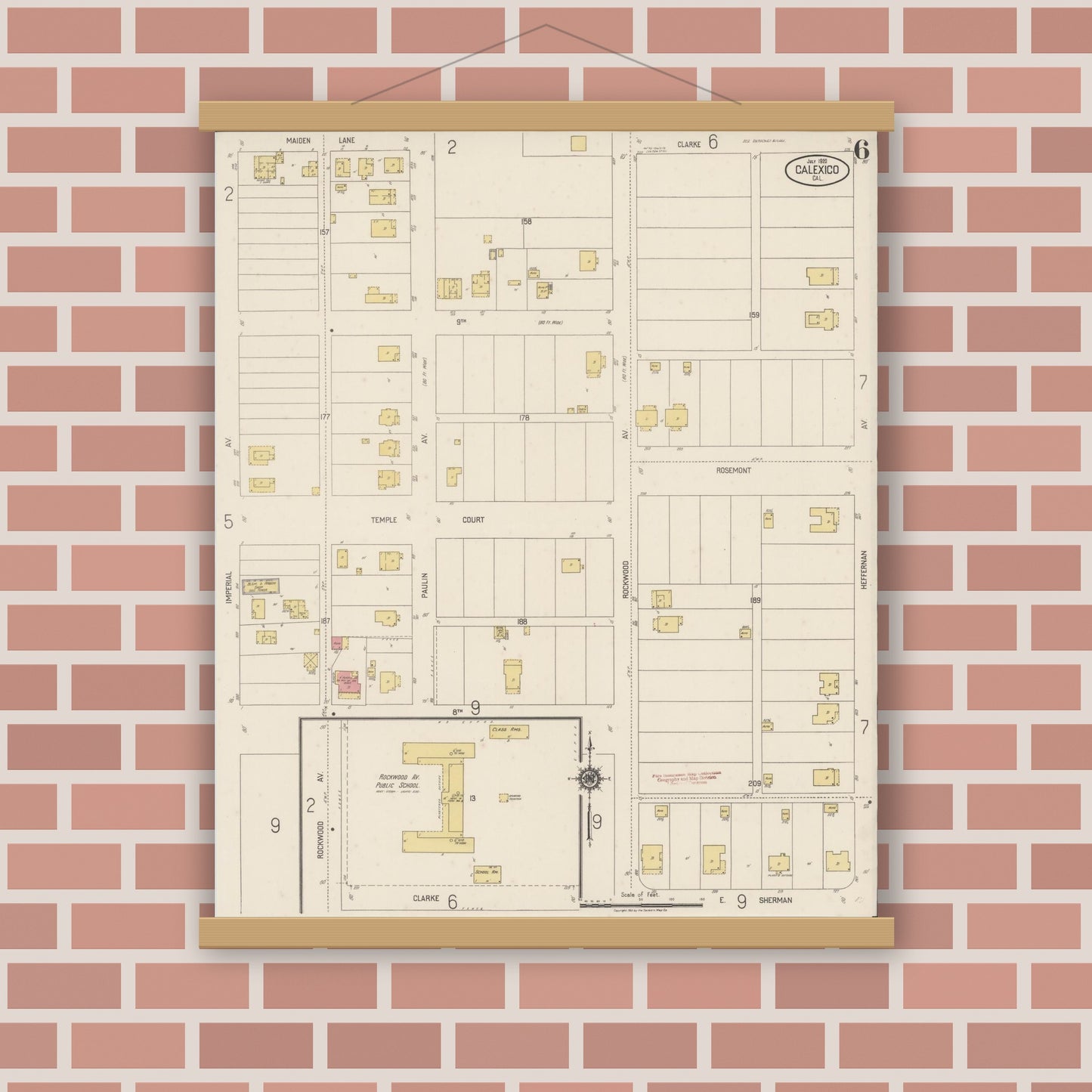 Old map wall art mockup — magnetic wood frame on brick wall — Sanborn Fire Insurance Map from Calexico, Imperial County, California (1920), Sheet #0006