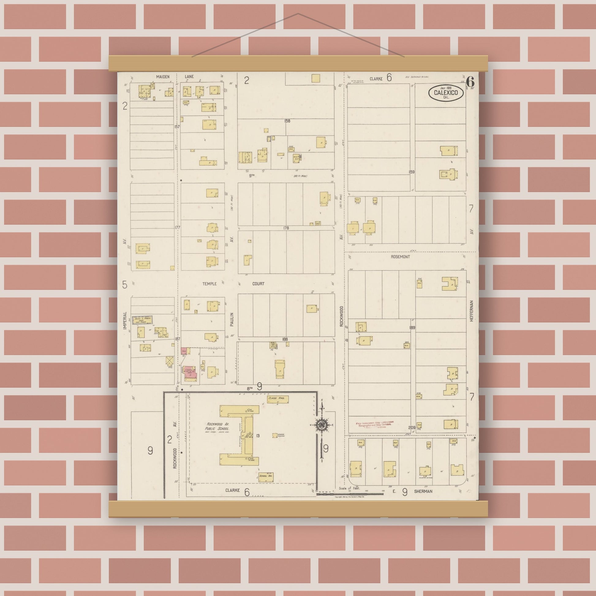 Old map wall art mockup — magnetic wood frame on brick wall — Sanborn Fire Insurance Map from Calexico, Imperial County, California (1920), Sheet #0006