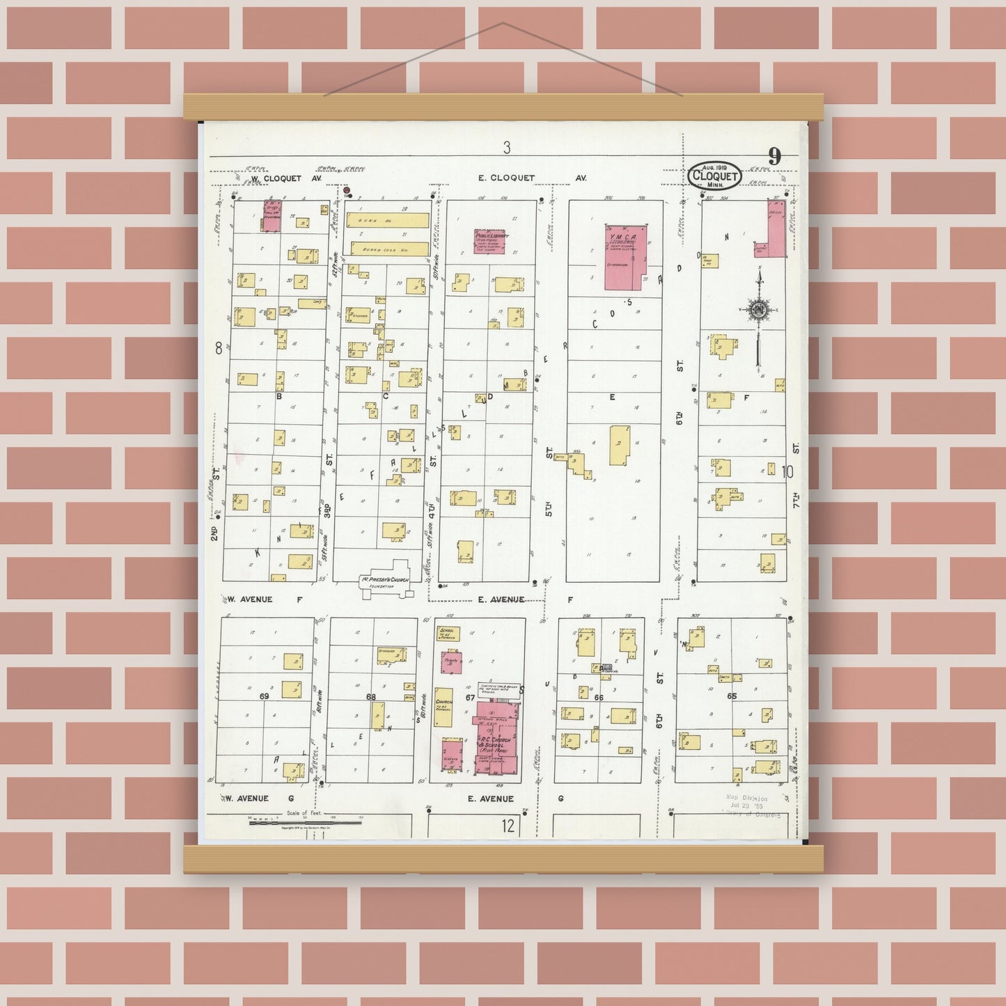 Old map wall art mockup — magnetic wood frame on brick wall — Sanborn Fire Insurance Map from Cloquet, Carlton County, Minnesota (1919), Sheet #0009