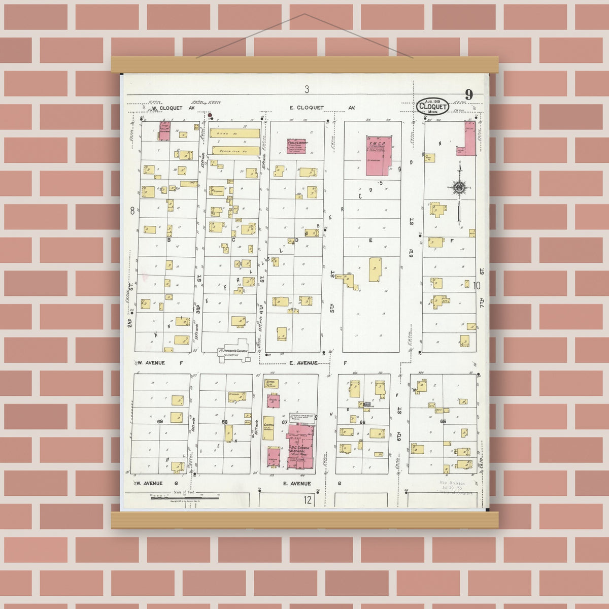 Old map wall art mockup — magnetic wood frame on brick wall — Sanborn Fire Insurance Map from Cloquet, Carlton County, Minnesota (1919), Sheet #0009