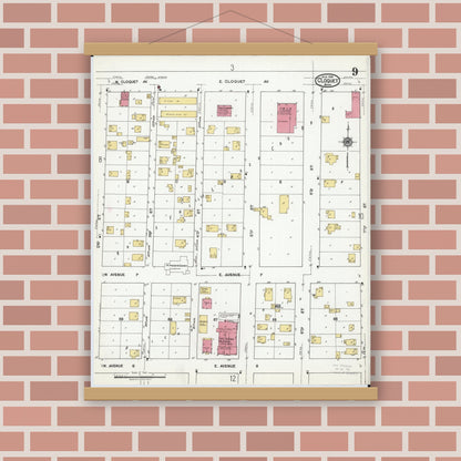 Old map wall art mockup — magnetic wood frame on brick wall — Sanborn Fire Insurance Map from Cloquet, Carlton County, Minnesota (1919), Sheet #0009