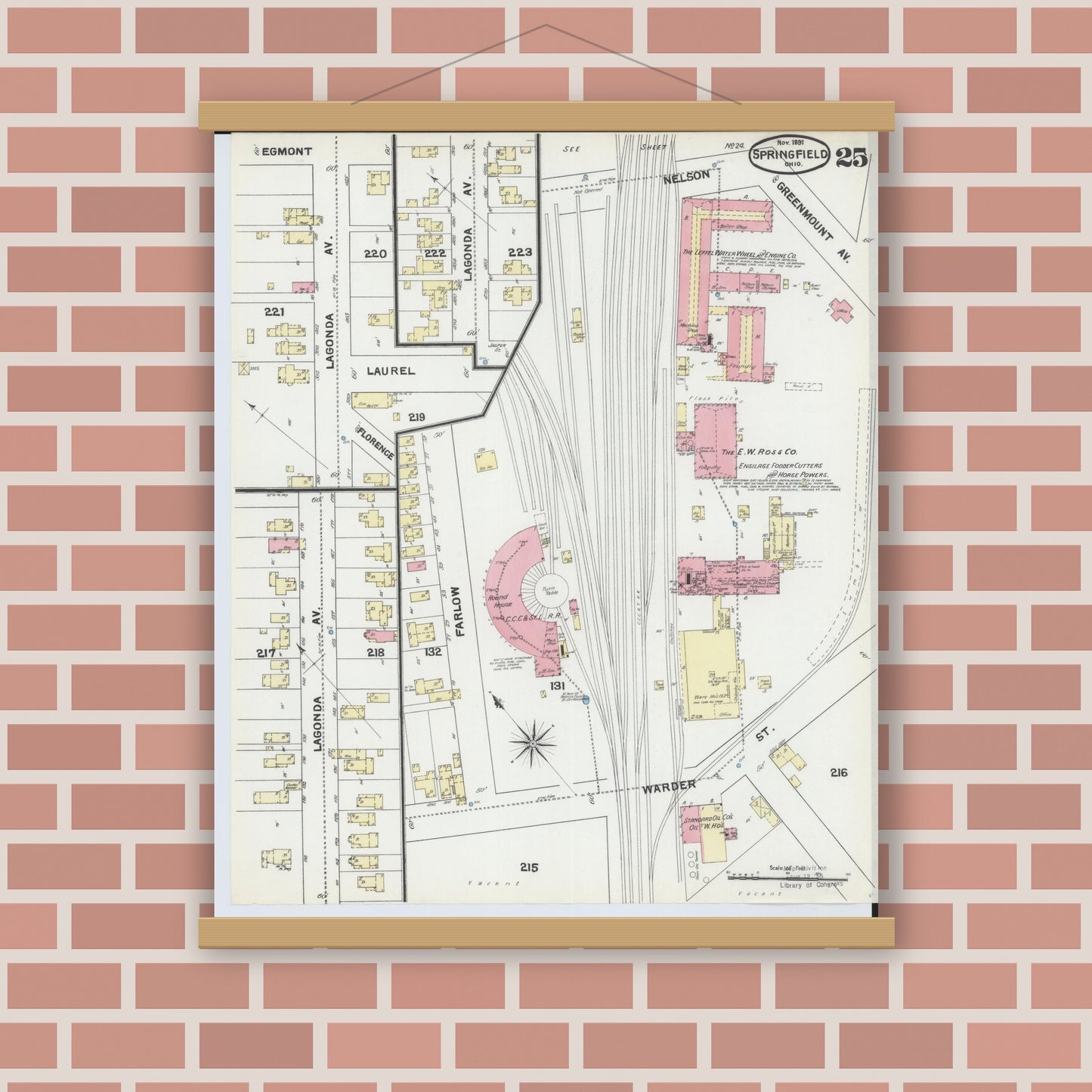Old map wall art mockup — magnetic wood frame on brick wall — Sanborn Fire Insurance Map from Springfield, Clark County, Ohio (1891), Sheet #0025