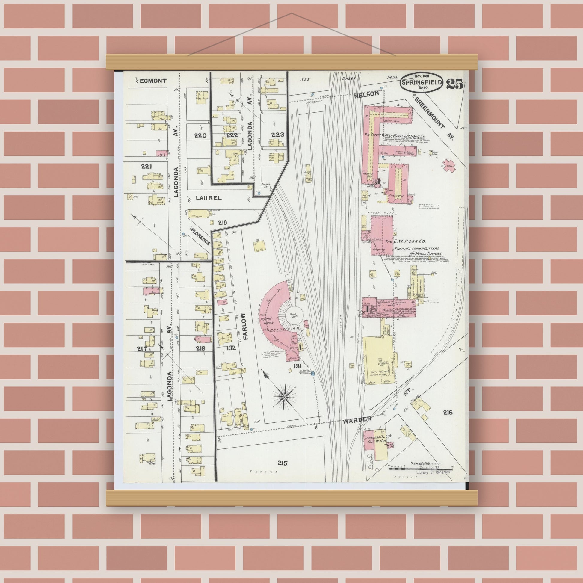 Old map wall art mockup — magnetic wood frame on brick wall — Sanborn Fire Insurance Map from Springfield, Clark County, Ohio (1891), Sheet #0025