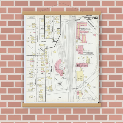 Old map wall art mockup — magnetic wood frame on brick wall — Sanborn Fire Insurance Map from Springfield, Clark County, Ohio (1891), Sheet #0025