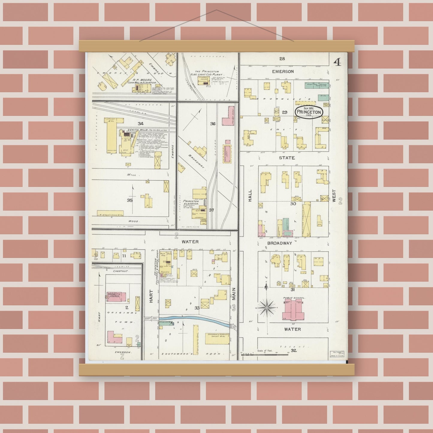 Old map wall art mockup — magnetic wood frame on brick wall — Sanborn Fire Insurance Map from Princeton, Gibson County, Indiana (1892), Sheet #0004