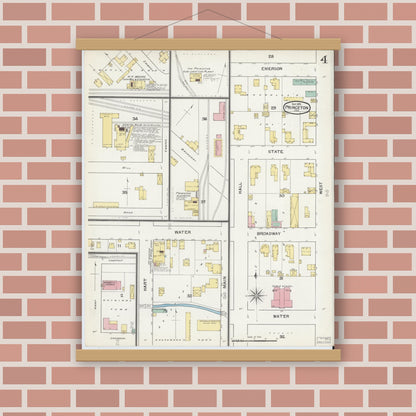 Old map wall art mockup — magnetic wood frame on brick wall — Sanborn Fire Insurance Map from Princeton, Gibson County, Indiana (1892), Sheet #0004