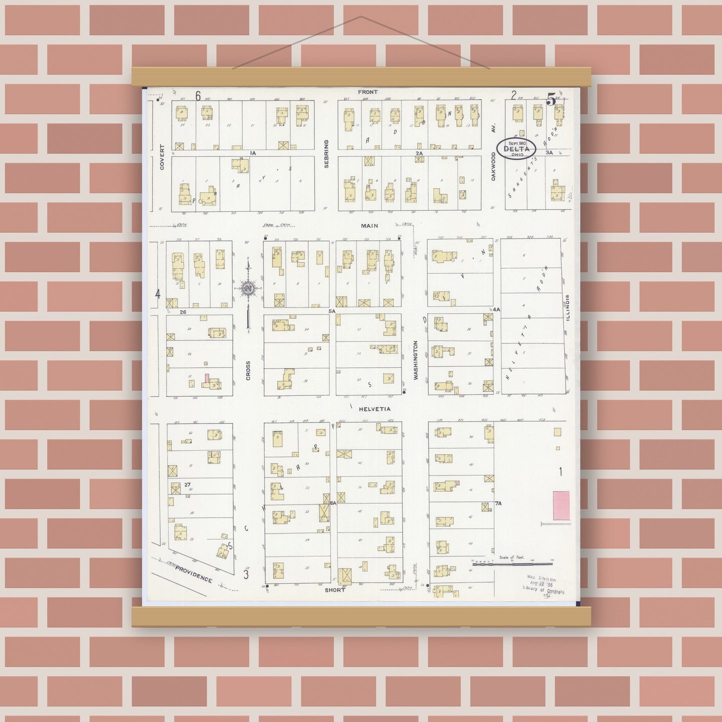 Old map wall art mockup — magnetic wood frame on brick wall — Sanborn Fire Insurance Map from Delta, Fulton County, Ohio (1910), Sheet #0005