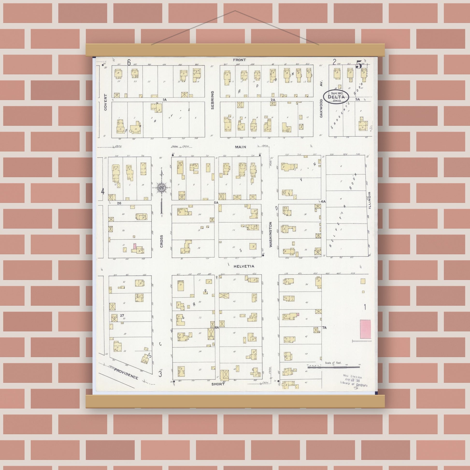 Old map wall art mockup — magnetic wood frame on brick wall — Sanborn Fire Insurance Map from Delta, Fulton County, Ohio (1910), Sheet #0005