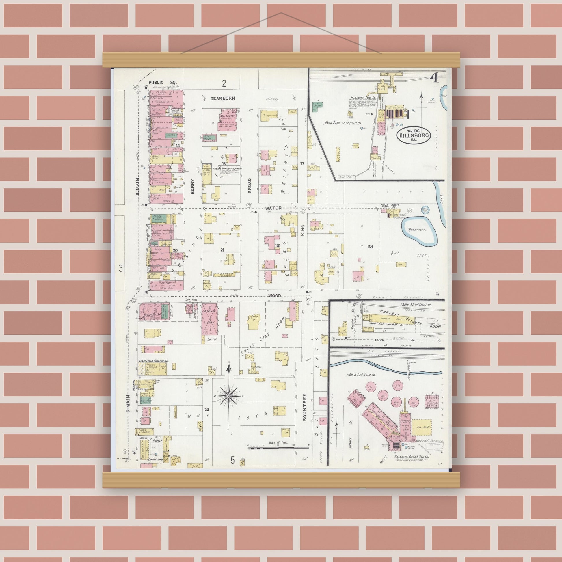 Old map wall art mockup — magnetic wood frame on brick wall — Sanborn Fire Insurance Map from Hillsboro, Montgomery County, Illinois (1906), Sheet #0004