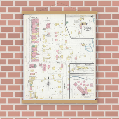Old map wall art mockup — magnetic wood frame on brick wall — Sanborn Fire Insurance Map from Hillsboro, Montgomery County, Illinois (1906), Sheet #0004