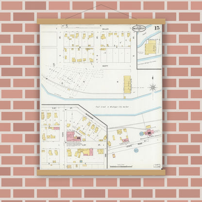 Old map wall art mockup — magnetic wood frame on brick wall — Sanborn Fire Insurance Map from Michigan City, La Porte County, Indiana (1899), Sheet #0015