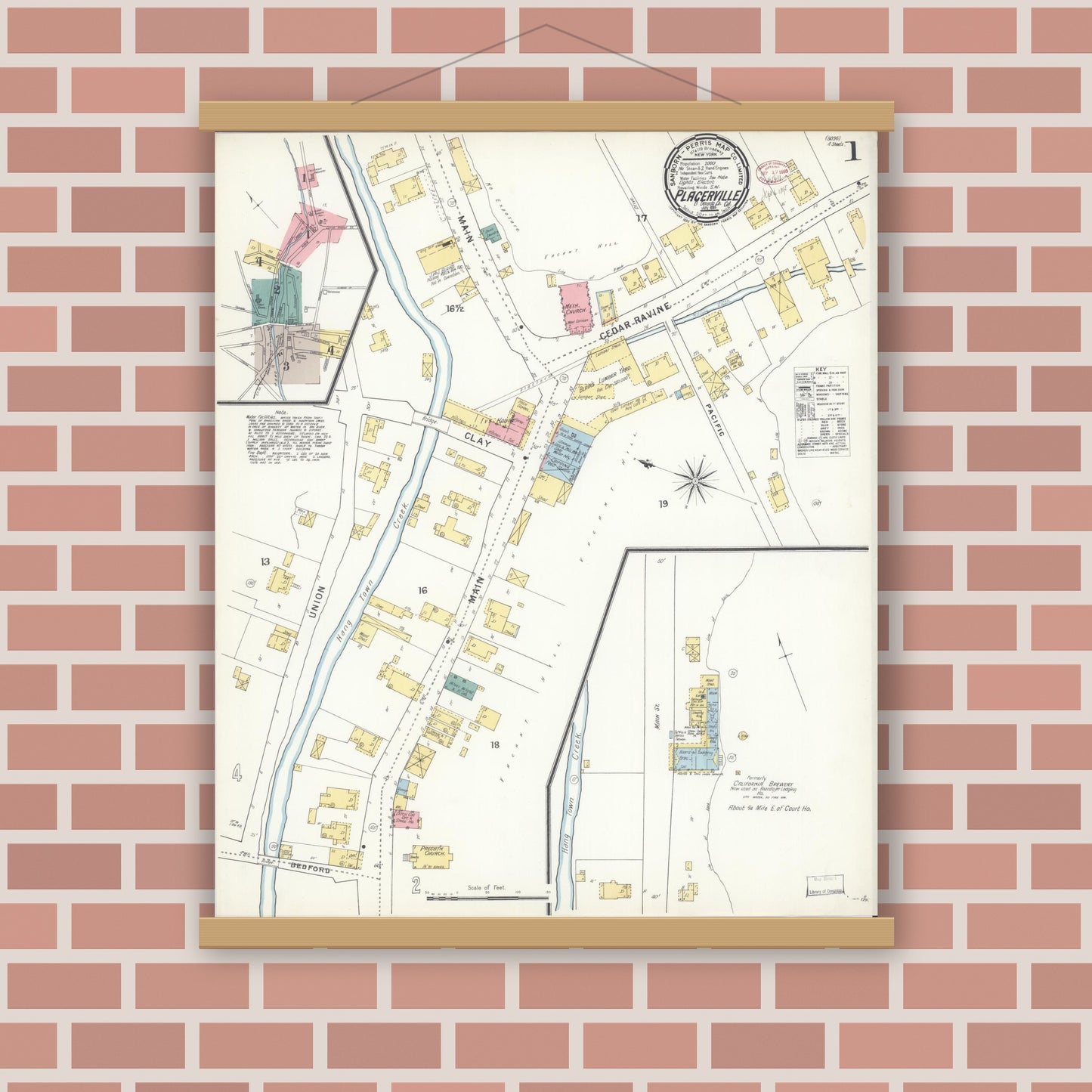 Old map wall art mockup — magnetic wood frame on brick wall — Sanborn Fire Insurance Map from Placerville, El Dorado County, California (1895) - Complete Map Set