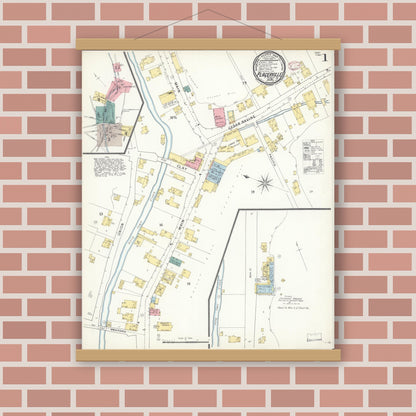 Old map wall art mockup — magnetic wood frame on brick wall — Sanborn Fire Insurance Map from Placerville, El Dorado County, California (1895) - Complete Map Set