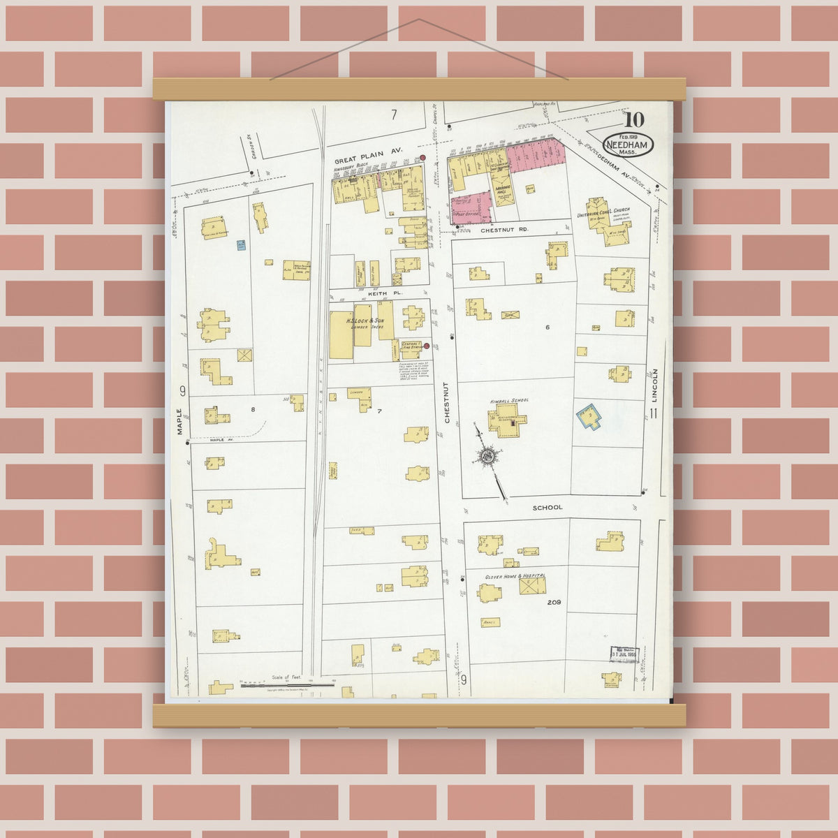 Old map wall art mockup — magnetic wood frame on brick wall — Sanborn Fire Insurance Map from Needham, Norfolk County, Massachusetts (1919), Sheet #0010