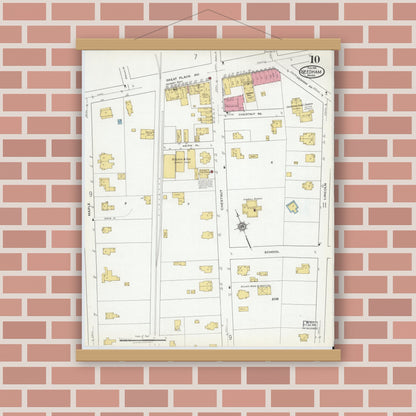 Old map wall art mockup — magnetic wood frame on brick wall — Sanborn Fire Insurance Map from Needham, Norfolk County, Massachusetts (1919), Sheet #0010
