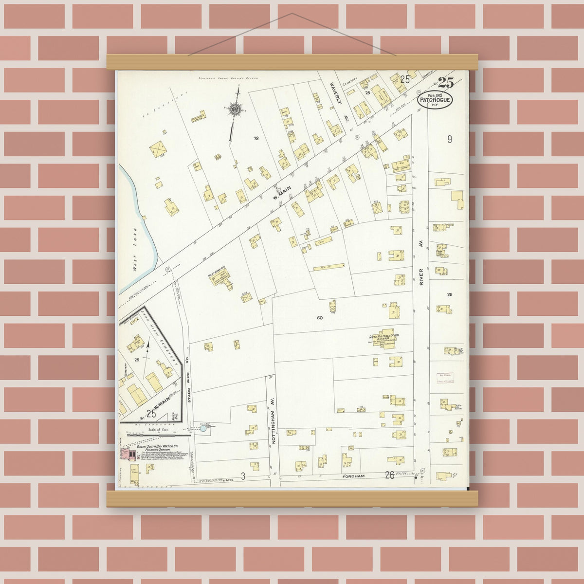 Old map wall art mockup — magnetic wood frame on brick wall — Sanborn Fire Insurance Map from Patchogue, Suffolk County, New York (1910), Sheet #0025