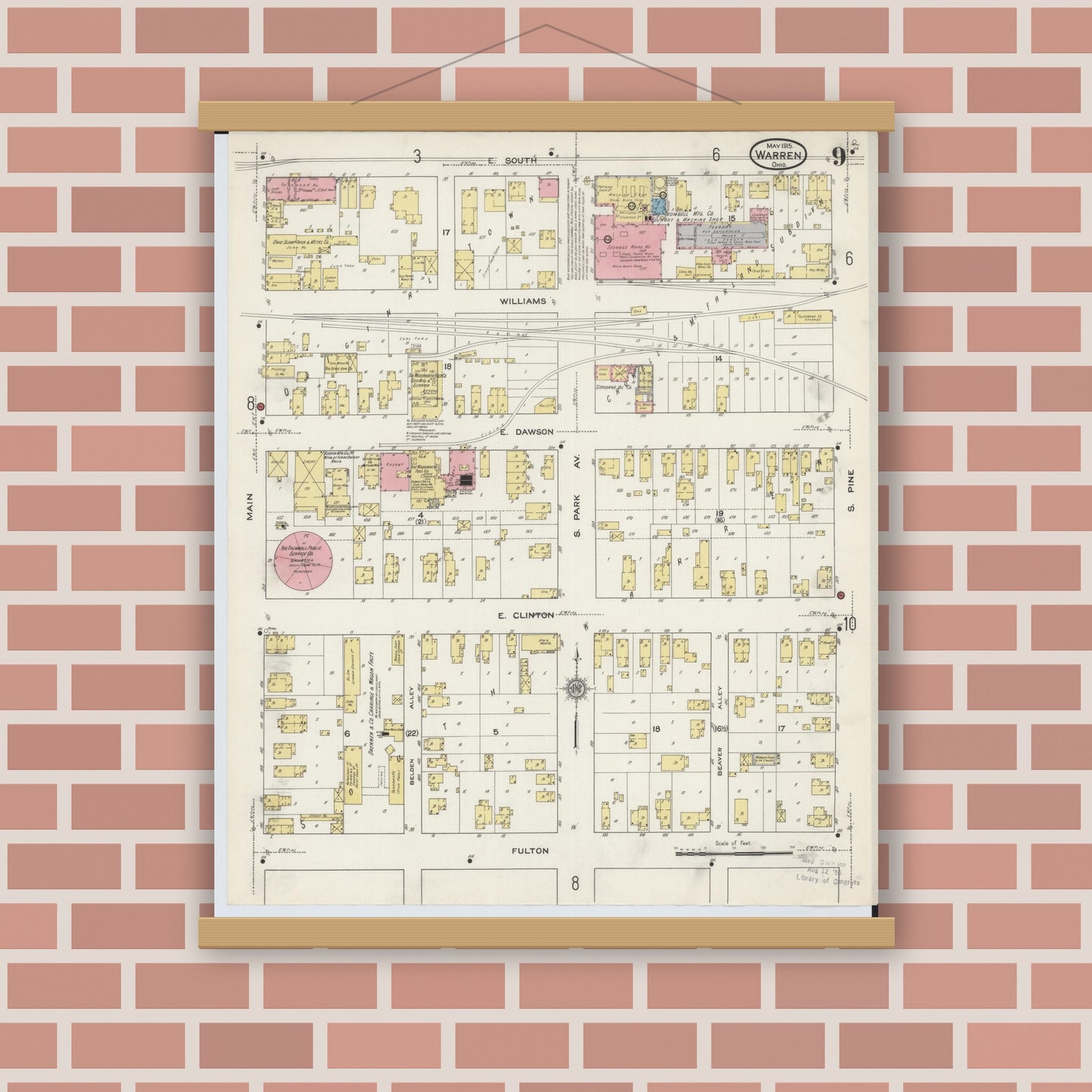 Old map wall art mockup — magnetic wood frame on brick wall — Sanborn Fire Insurance Map from Warren, Trumbull County, Ohio (1915), Sheet #0009