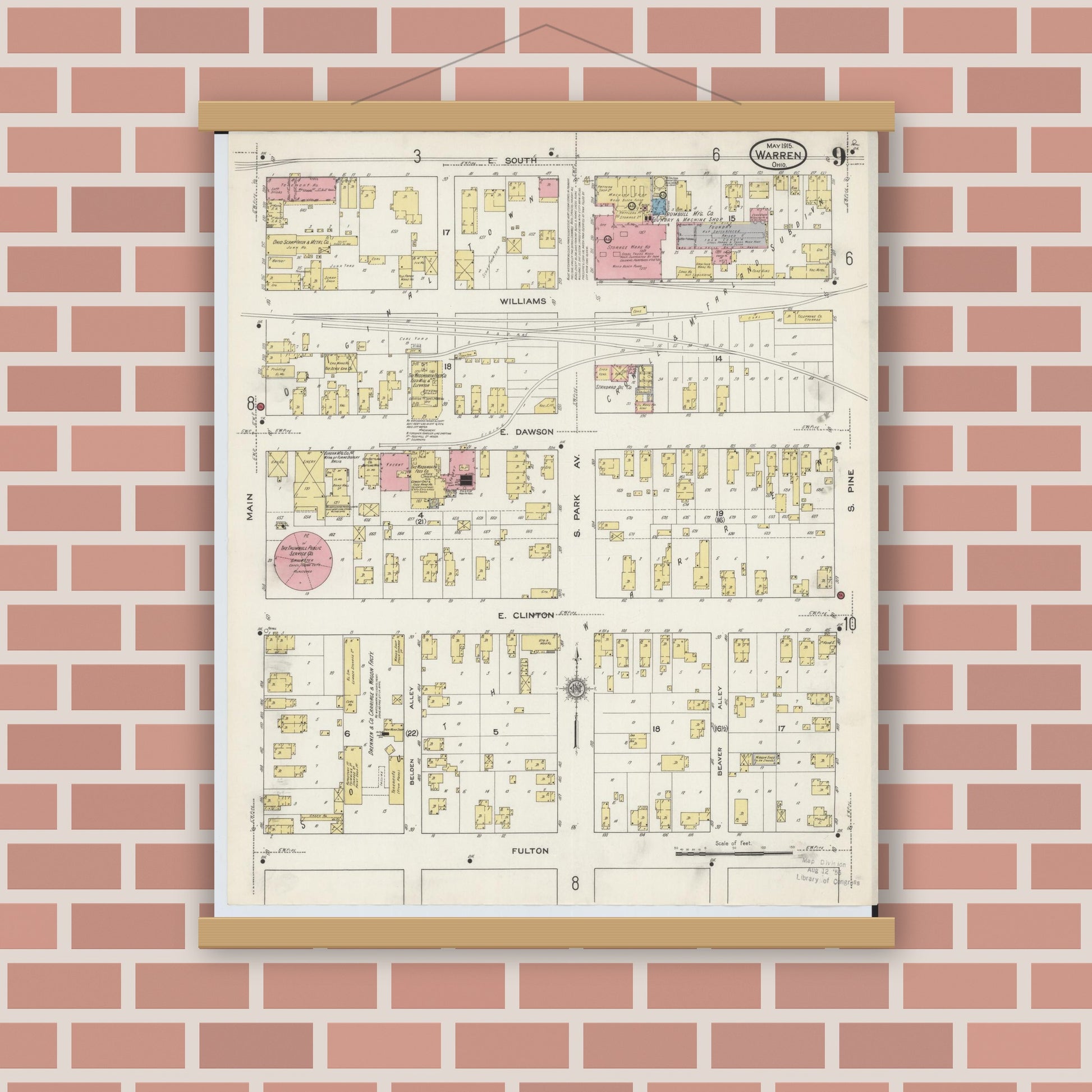 Old map wall art mockup — magnetic wood frame on brick wall — Sanborn Fire Insurance Map from Warren, Trumbull County, Ohio (1915), Sheet #0009