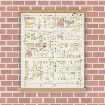 Old map wall art mockup — magnetic wood frame on brick wall — Sanborn Fire Insurance Map from Warren, Trumbull County, Ohio (1915), Sheet #0009