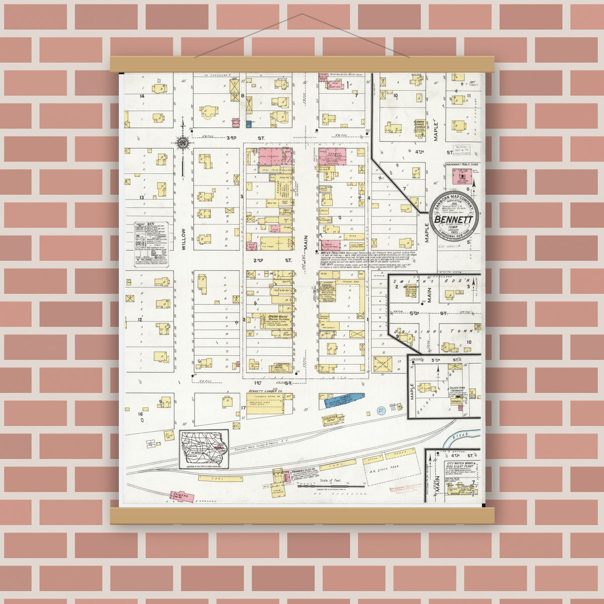 Old map wall art mockup — magnetic wood frame on brick wall — Sanborn Fire Insurance Map from Bennett, Cedar County, Iowa (1920), Sheet #0001