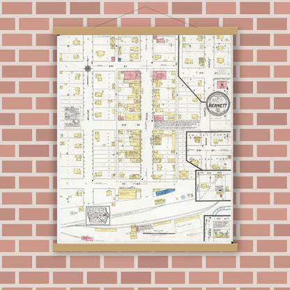 Old map wall art mockup — magnetic wood frame on brick wall — Sanborn Fire Insurance Map from Bennett, Cedar County, Iowa (1920), Sheet #0001