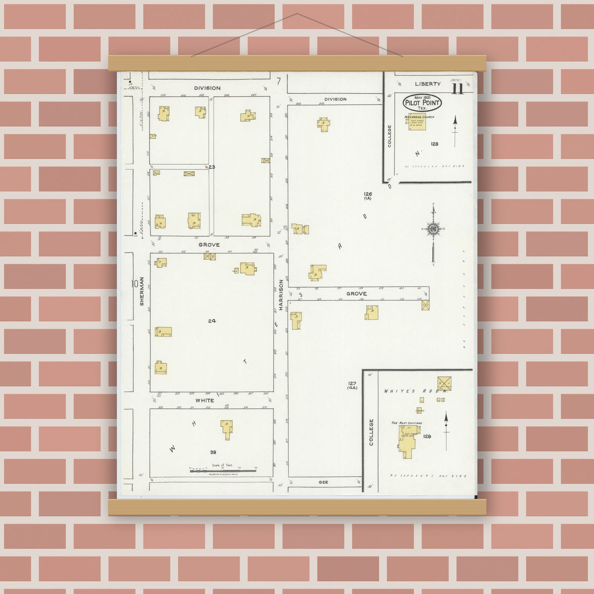 Old map wall art mockup — magnetic wood frame on brick wall — Sanborn Fire Insurance Map from Pilot Point, Denton County, Texas (1921), Sheet #0011