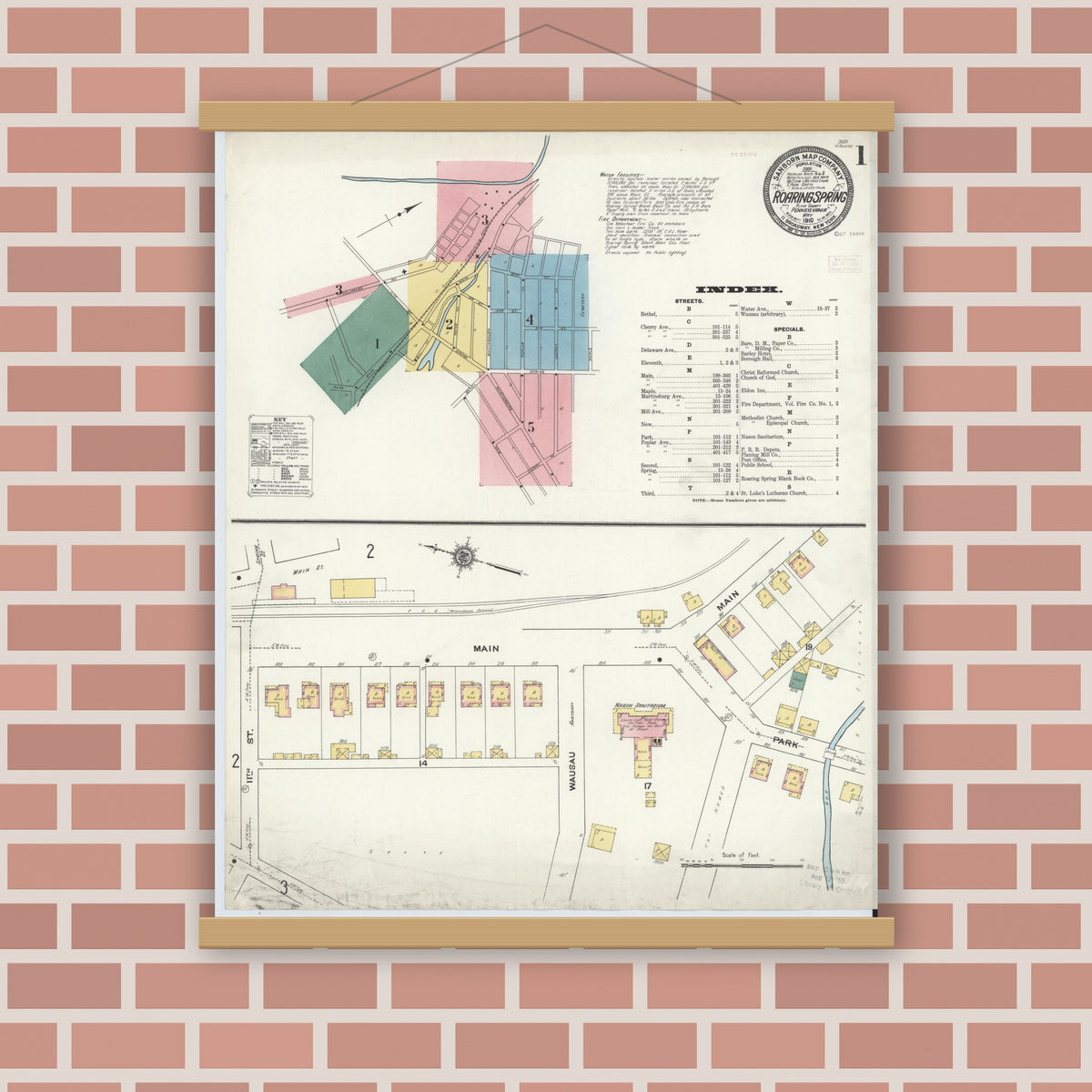 Old map wall art mockup — magnetic wood frame on brick wall — Sanborn Fire Insurance Map from Roaring Spring, Blair County, Pennsylvania (1910) - Complete Map Set