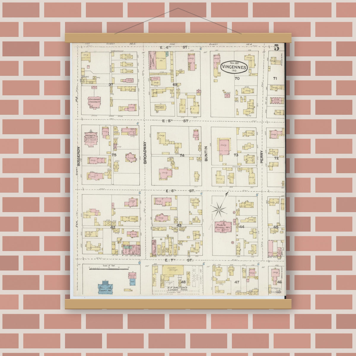 Old map wall art mockup — magnetic wood frame on brick wall — Sanborn Fire Insurance Map from Vincennes, Knox County, Indiana (1887), Sheet #0005
