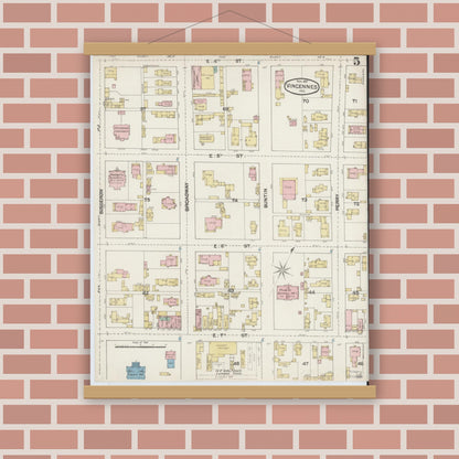 Old map wall art mockup — magnetic wood frame on brick wall — Sanborn Fire Insurance Map from Vincennes, Knox County, Indiana (1887), Sheet #0005